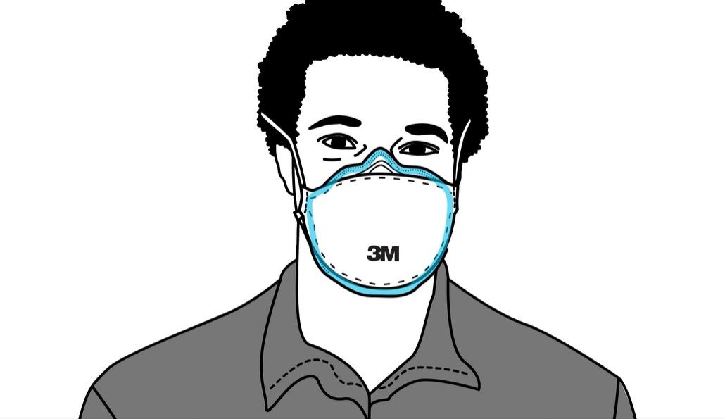 Illustration of a guy wearing disposable respirator with the seal highlighted in blue.
